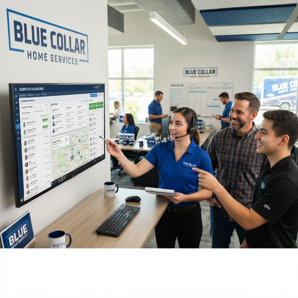 Home service dispatch team reviewing a job-booking dashboard