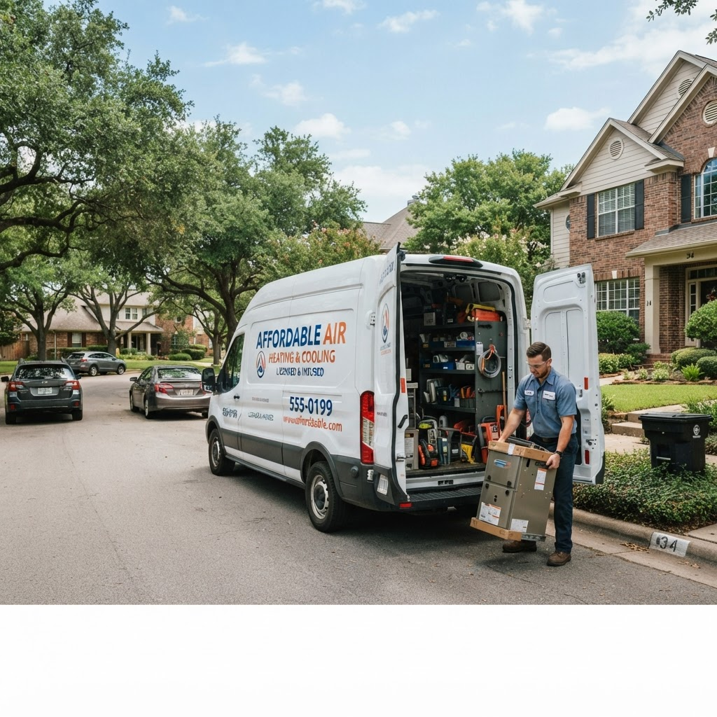 Branded HVAC service van parked at a residential job