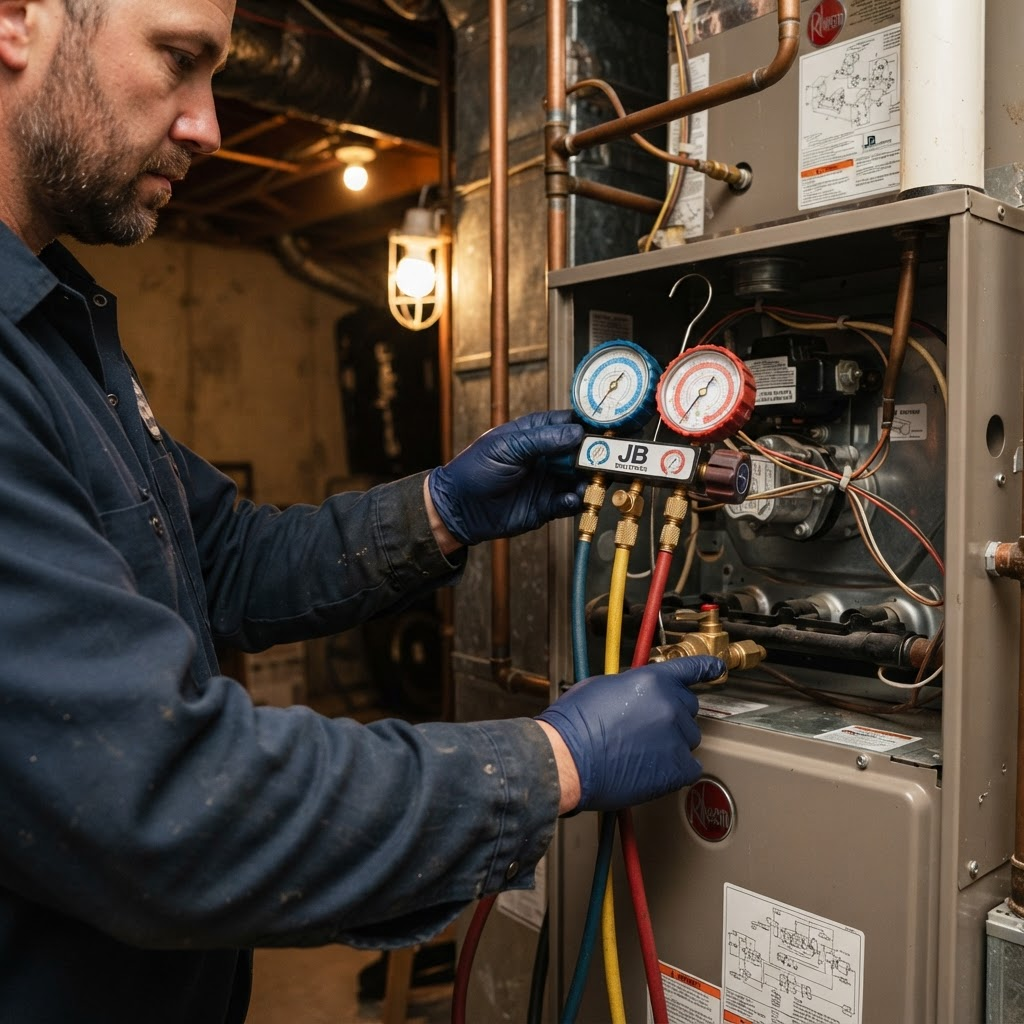 HVAC technician servicing a residential furnace